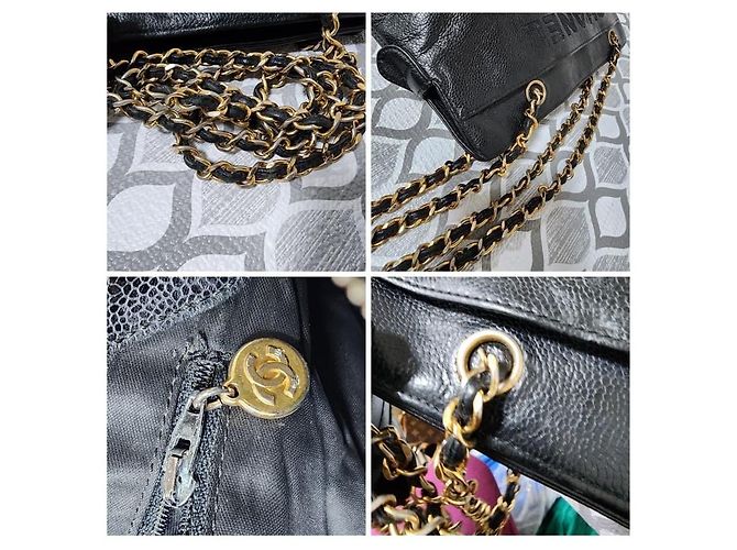 Borsa a spalla in caviale con logo ricamato Chanel nera Nero - vista 8
