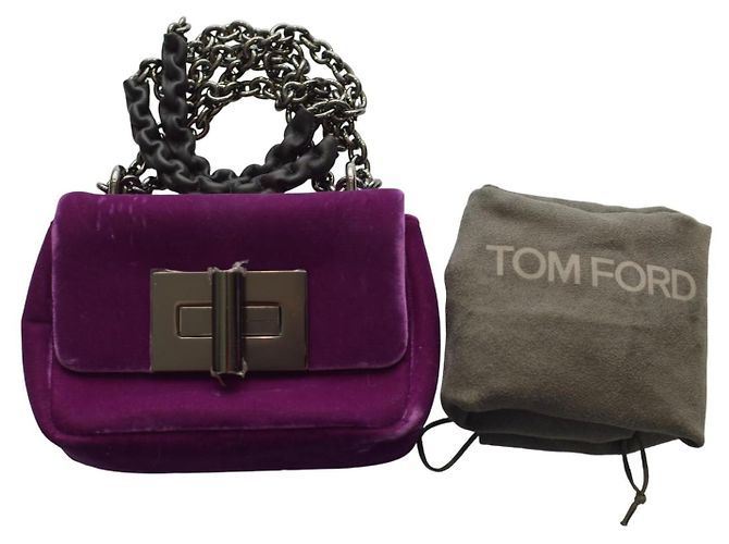 Borsa a spalla mini Natalia in velluto viola Tom Ford con catena e chiusura a scatto TF, borsa da sera Porpora - vista 14