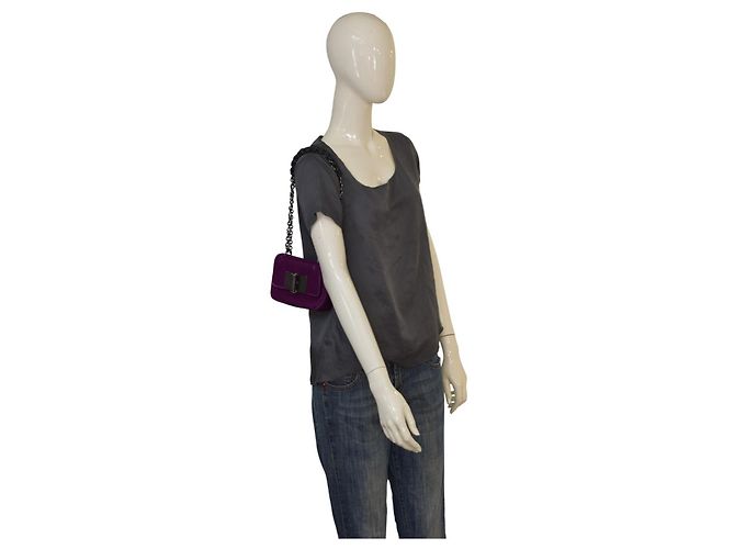 Borsa a spalla mini Natalia in velluto viola Tom Ford con catena e chiusura a scatto TF, borsa da sera Porpora - vista 16