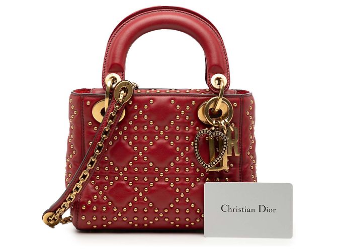 Dior Mini Rosso in Pelle di Agnello Cannage Studded Morbido Lady Dior - vista 8