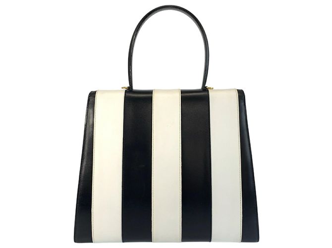 Céline Celine Vintage Turnlock Streifenleder-Handtasche Weiß - Ansicht 2