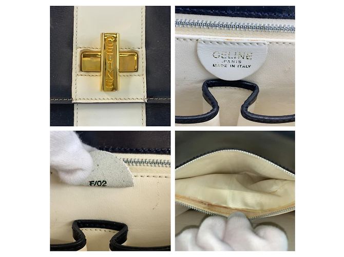 Céline Celine Vintage Turnlock Streifenleder-Handtasche Weiß - Ansicht 3