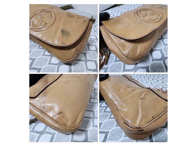 Bolsa transversal Gucci em couro envernizado Soho com aba e corrente bege - vista 9