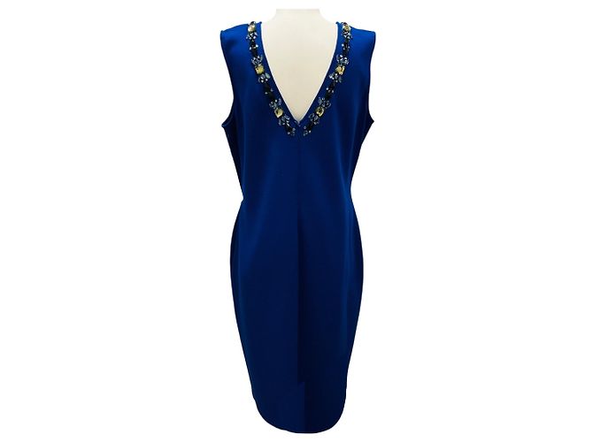 Autre Marque Vestido de punto sin mangas con cuello adornado con joyas azules St. John - vista 3