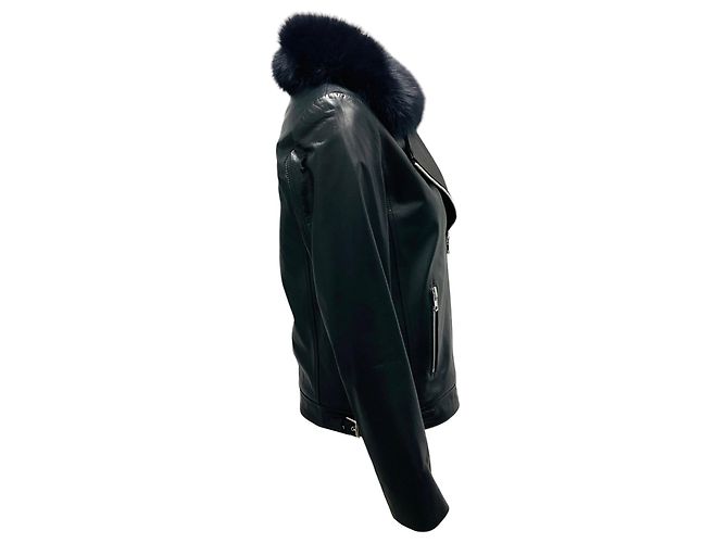 Autre Marque Jaqueta de couro de bezerro forrada com shearling e com acabamento em pele de raposa preta de Samantha Sipos Preto - vista 2