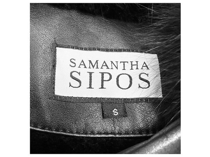 Autre Marque Jaqueta de couro de bezerro forrada com shearling e com acabamento em pele de raposa preta de Samantha Sipos Preto - vista 4
