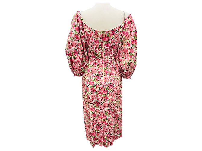 Vestido midi off shoulder de manga globo blanco / rosa multi con cinturón Carolina Herrera - vista 3