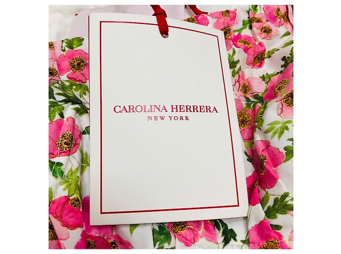 Vestido midi off shoulder de manga globo blanco / rosa multi con cinturón Carolina Herrera - vista 5