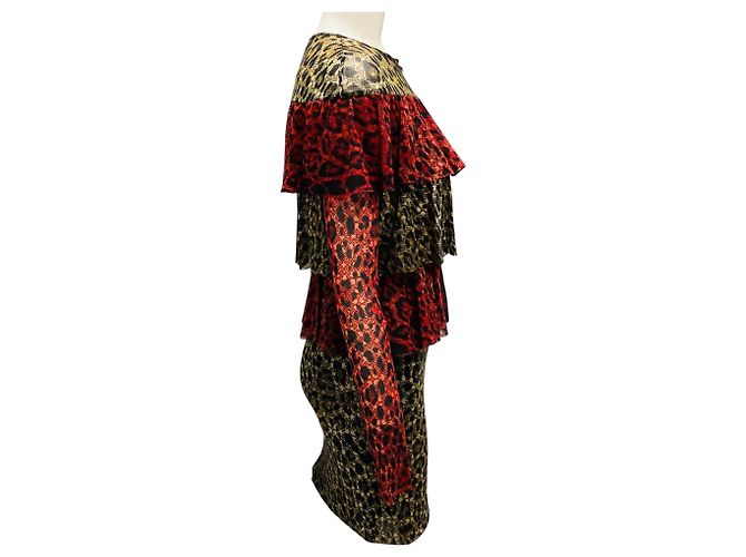 Fuzzi Red Multi Leopard Printed Tiered Mesh Dress Multiple colors - view 2