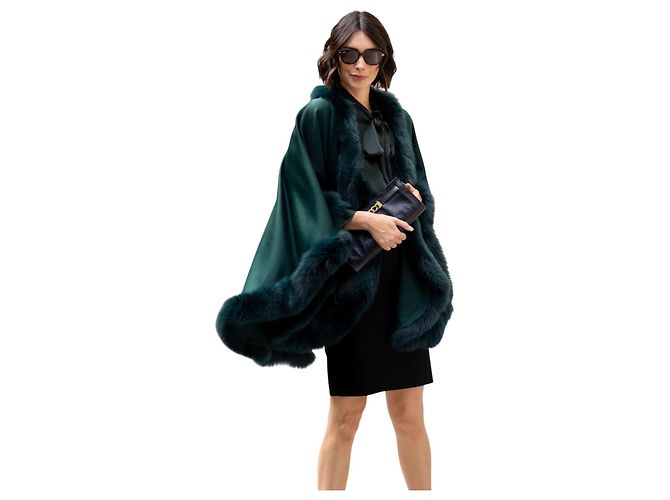 Autre Marque Capa de cachemira Sofia verde esmeralda con borde de piel Cervinia - vista 3