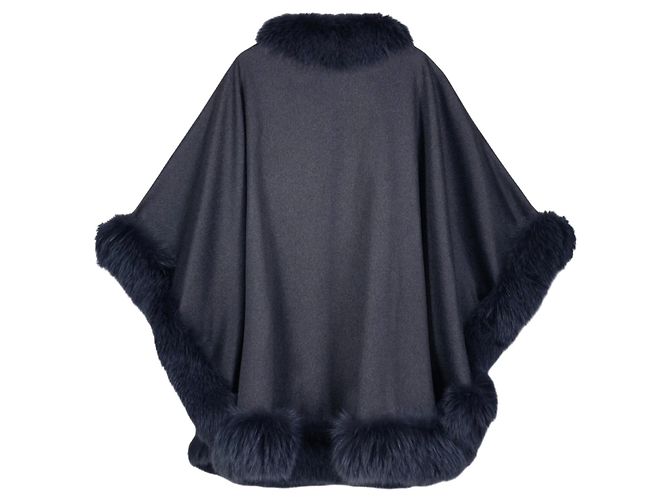 Autre Marque Capa de cachemira azul marino Cervinia con borde de piel Sofia Cashmere - vista 2