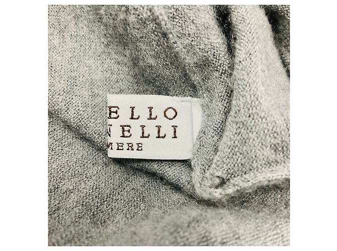 Grauer Cashmere-Pullover mit langem Arm, Stehkragen, Rüschen und Strassverzierungen von Brunello Cucinelli - Ansicht 6
