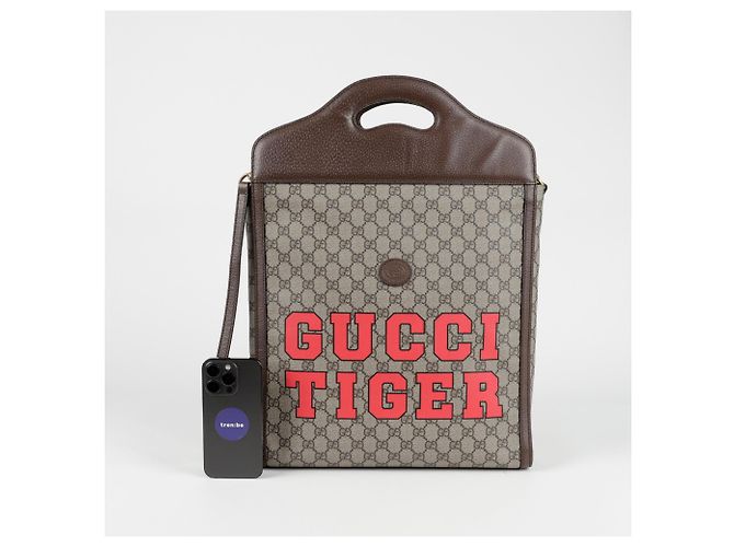 Gucci Borsa Tote a Strisce Tiger Web Marrone - vista 9