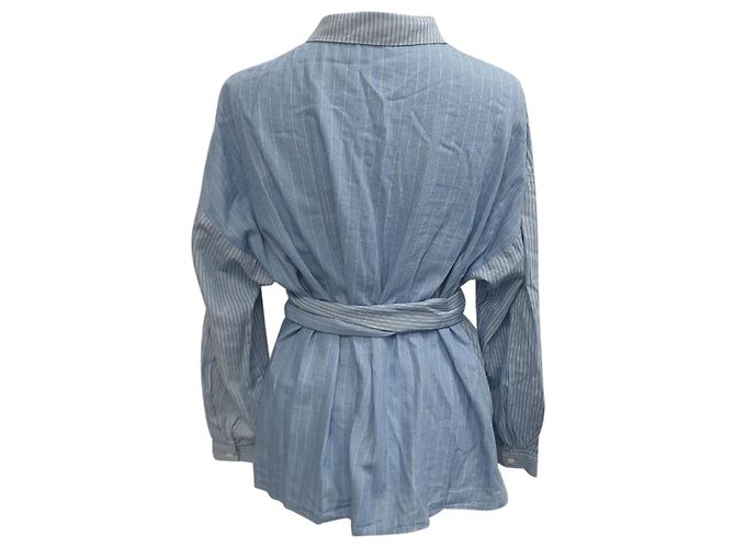 Camisa de rayas Iris & Ink con botones y cintura ajustable en algodón azul - vista 3