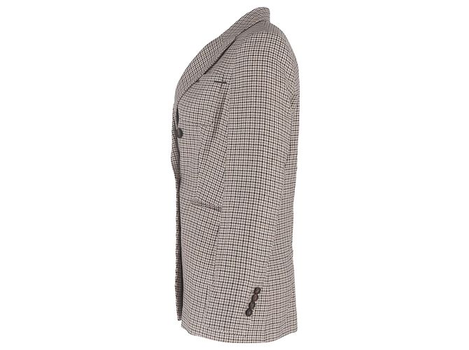 Brunello Cucinelli Houndstooth Double-Breasted Blazer in Beige Wool - view 2