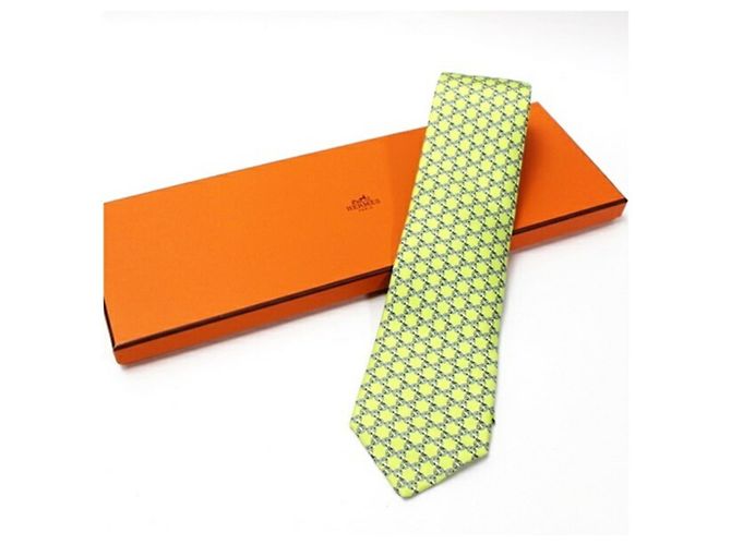 Cravatta in seta Hermès grigia e verde chiaro Marrone - vista 2