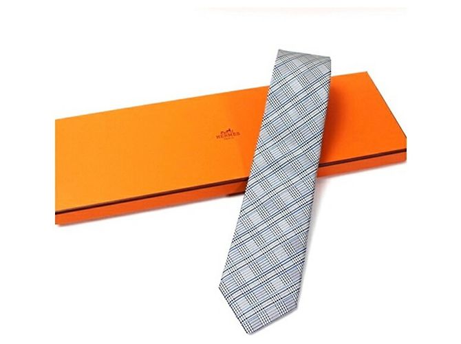 Corbata de seda para hombre Hermès Castaño Negro Blanco Azul - vista 2
