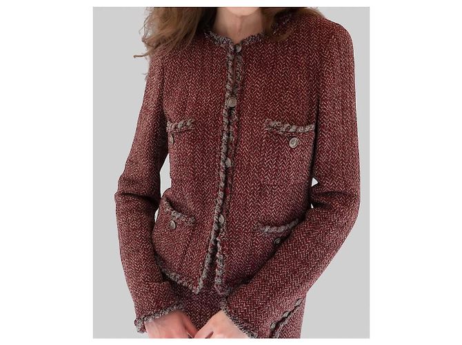 BLAZER DE TWEED CON TRIM TRAMADO GRIS BURDEOS CHANEL 08A FR 38 - vista 16