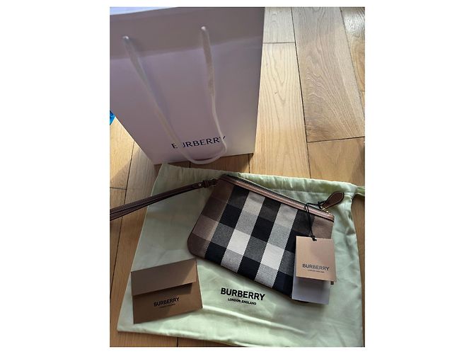 Pochette Burberry Check in Tela Marrone Nero Bianco - vista 2