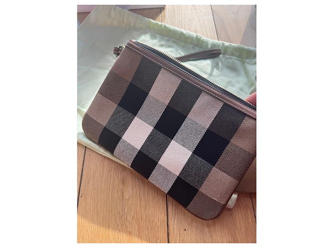 Pochette Burberry Check in Tela Marrone Nero Bianco - vista 3