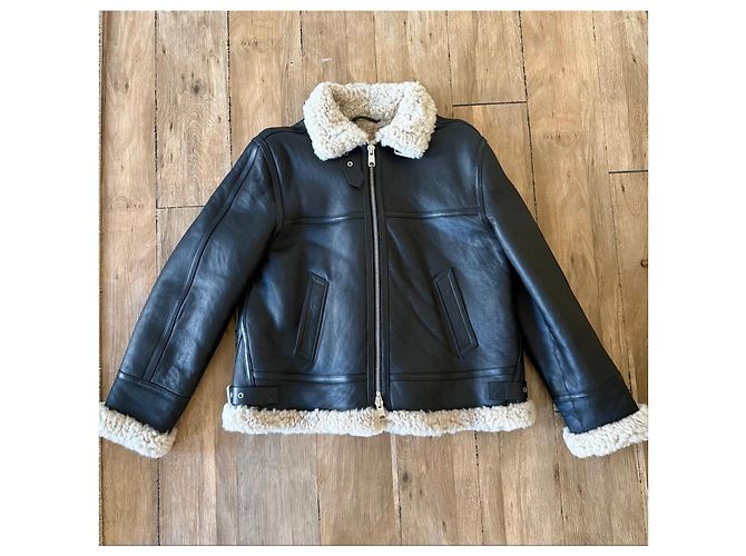 All Saints Black leather aviator jacket with shearling lining - view 2