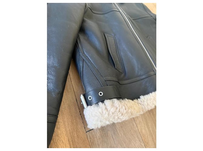 All Saints Black leather aviator jacket with shearling lining - view 3