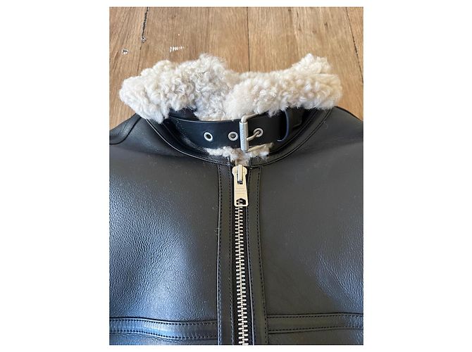 All Saints Black leather aviator jacket with shearling lining - view 4