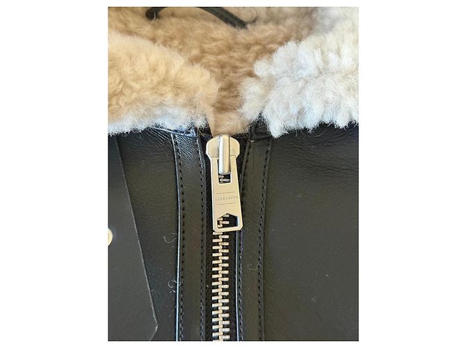 All Saints Black leather aviator jacket with shearling lining - view 6