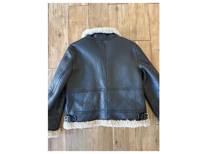 All Saints Black leather aviator jacket with shearling lining - view 8