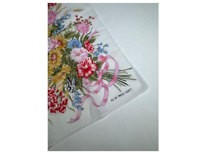 Vintage Paolo Gucci Blumen-Schal Weiß MULTIFARBIG Mehrfarben - Ansicht 2