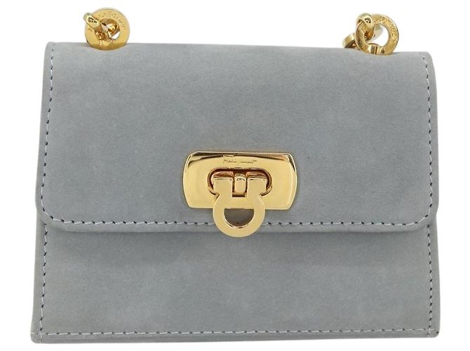 Pochette a spalla con catena Gancini in suede grigio e oro Auth 163100V di Salvatore Ferragamo - vista 13