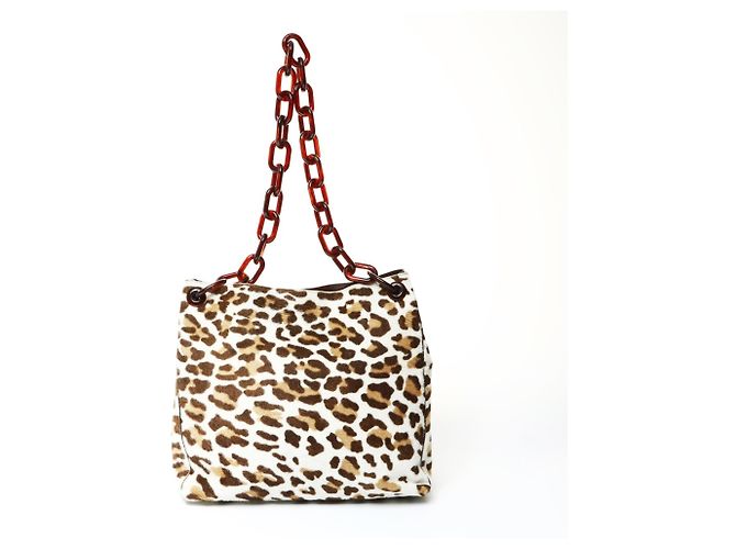 Bolso de cadena de cuero marrón con coleta y estampado de leopardo de Prada Castaño - vista 2