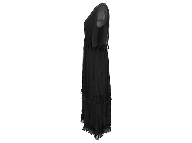 Ganni V-Ausschnitt plissiertes Maxikleid aus schwarzem Polyester - Ansicht 2