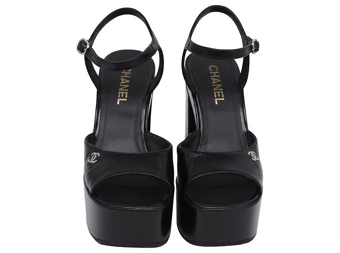 Chanel CC Ankle Strap Platform Sandals in Black Patent Leather - view 2