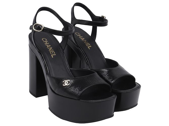 Chanel CC Ankle Strap Platform Sandals in Black Patent Leather - view 3