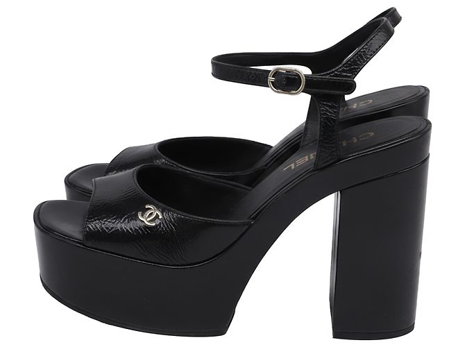 Chanel CC Ankle Strap Platform Sandals in Black Patent Leather - view 5
