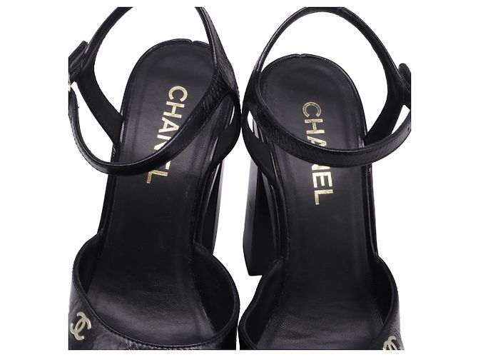 Chanel CC Ankle Strap Platform Sandals in Black Patent Leather - view 6