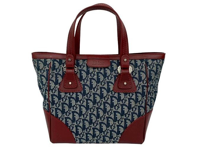 Christian Dior Trotter Canvas Leder Handtasche Blau Bordeaux Marineblau - Ansicht 2
