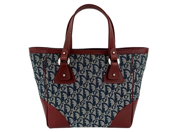 Christian Dior Trotter Canvas Leder Handtasche Blau Bordeaux Marineblau - Ansicht 4