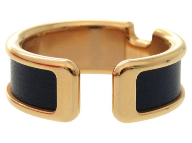 Orecchino in pelle blu navy Hermès Olympe GM D'oro - vista 3