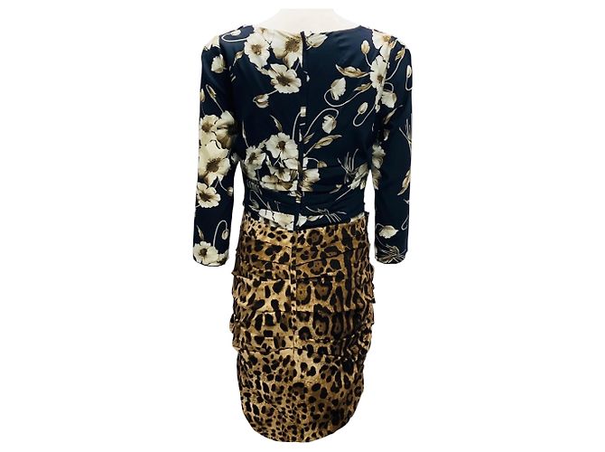 Abito mini in seta nera con stampa floreale multicolore e leopardata di Dolce & Gabbana Nero - vista 3