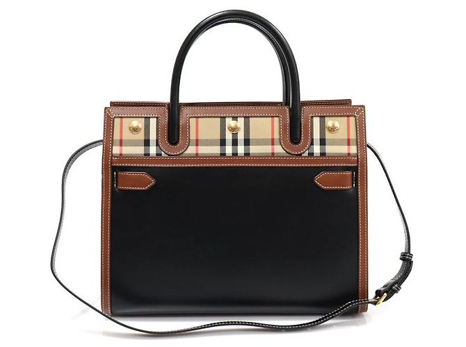 Burberry Vintage Check Black Leather Two Handle Title Small Marrone - vista 2