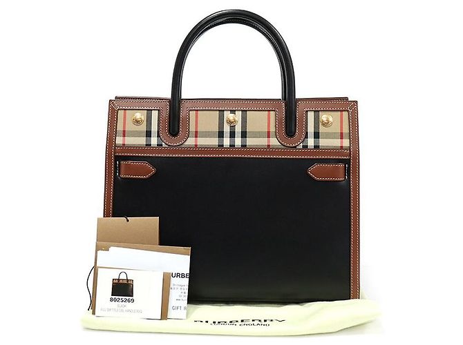 Burberry Vintage Check Black Leather Two Handle Title Small Marrone - vista 3