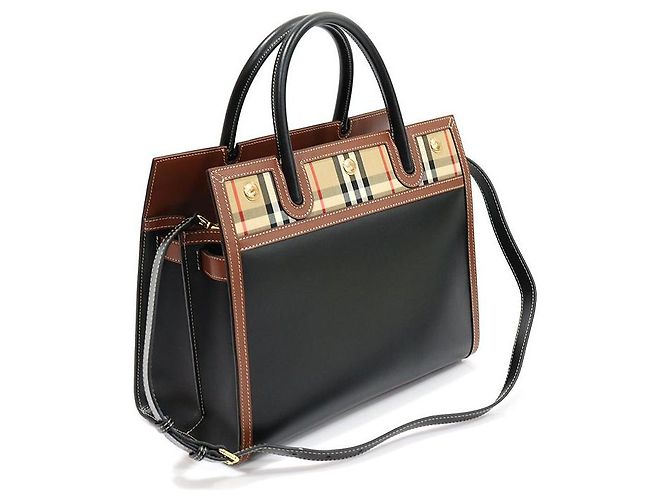 Burberry Vintage Check Black Leather Two Handle Title Small Marrone - vista 4