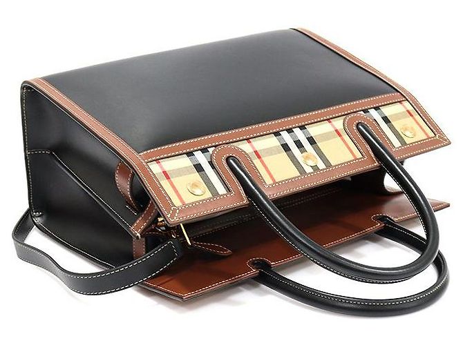 Burberry Vintage Check Black Leather Two Handle Title Small Marrone - vista 5