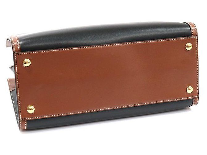 Burberry Vintage Check Black Leather Two Handle Title Small Marrone - vista 6