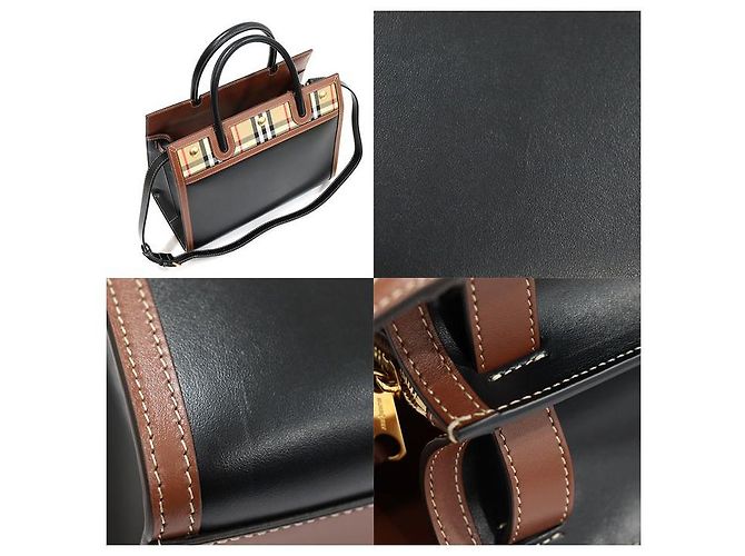 Burberry Vintage Check Black Leather Two Handle Title Small Marrone - vista 7