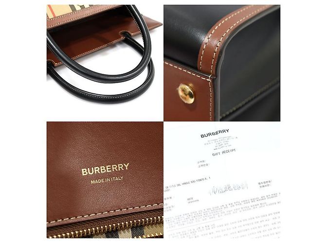 Burberry Vintage Check Black Leather Two Handle Title Small Marrone - vista 8