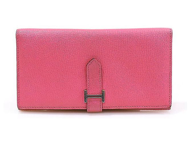 Hermès Rose Azalee Mizore Ziegenleder Silberfarbene Bi-Fold Geldbörse (Stempel) Pink - Ansicht 2