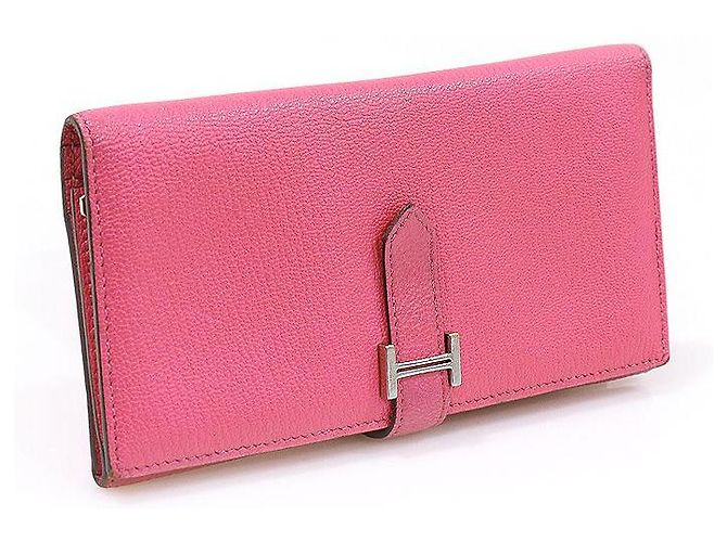 Hermès Rose Azalee Mizore Ziegenleder Silberfarbene Bi-Fold Geldbörse (Stempel) Pink - Ansicht 3